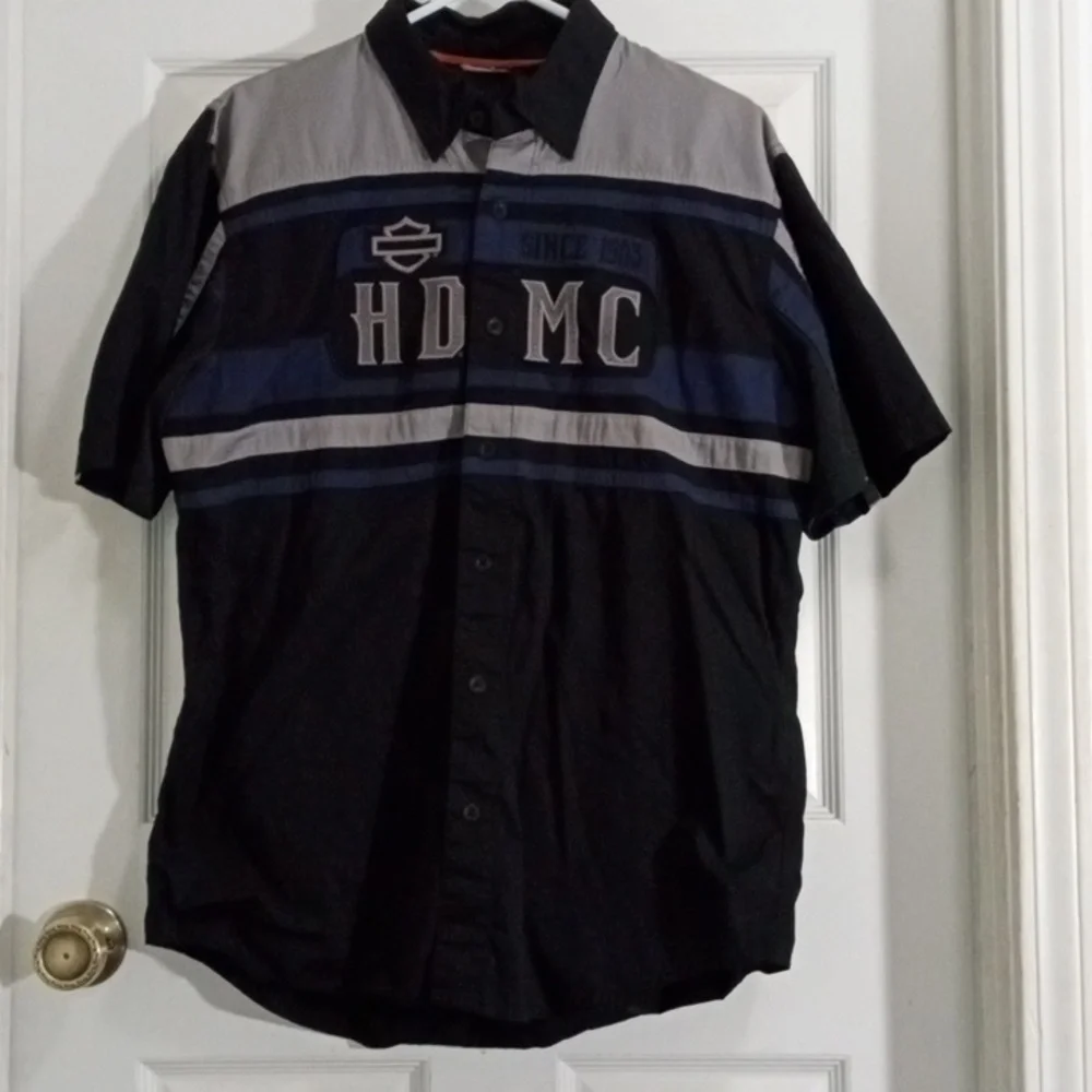 Harley-Davidson Black Short Sleeve Button Down Shop Shirt Men’s Large - Picture 1 of 6